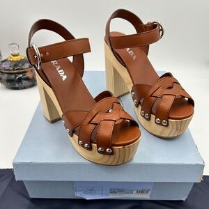Women’s Prada wooden heel platform, leather sandals, size 38 made in Italy